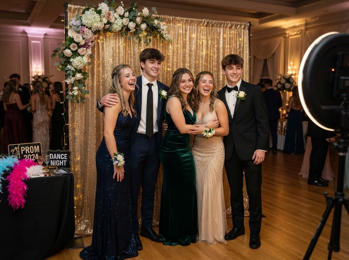 Prom guests using an open-air photo booth.