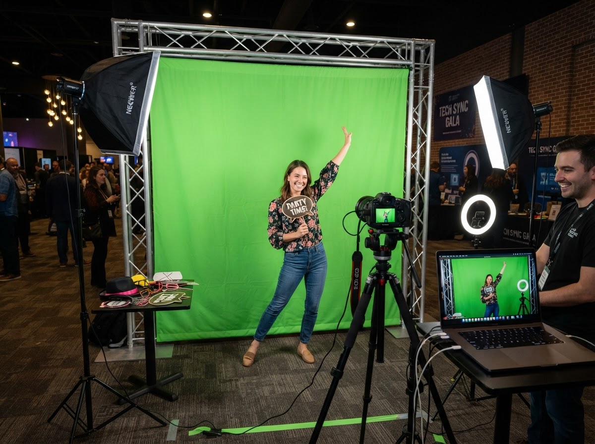 Green screen photo booth setup for an event.