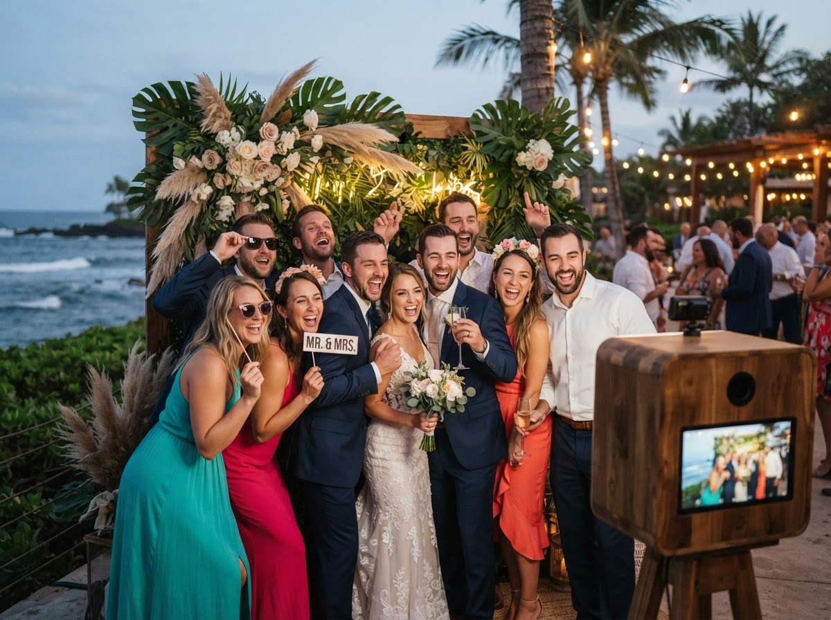 Wedding guests using a photo booth in Brigantine NJ.