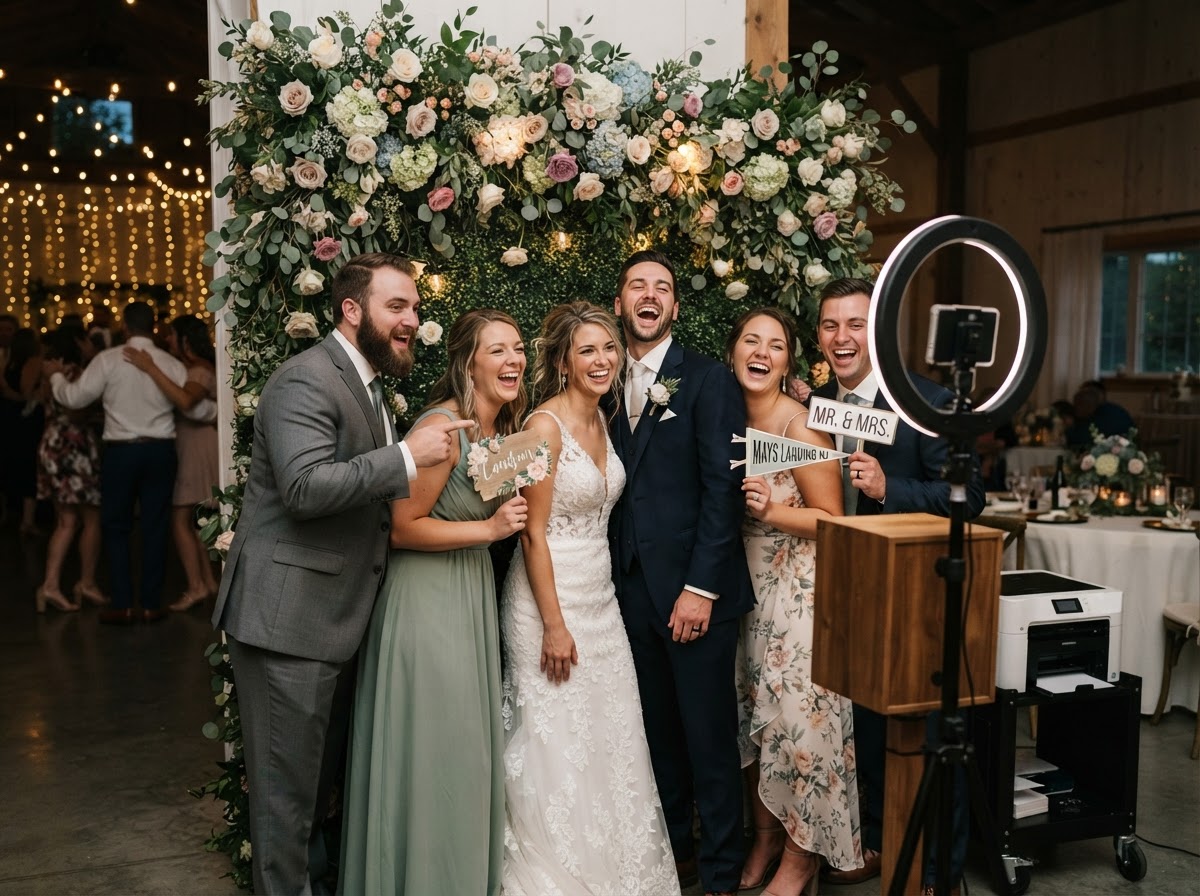 Couple and friends using an open-air photo booth at a Mays Landing wedding.