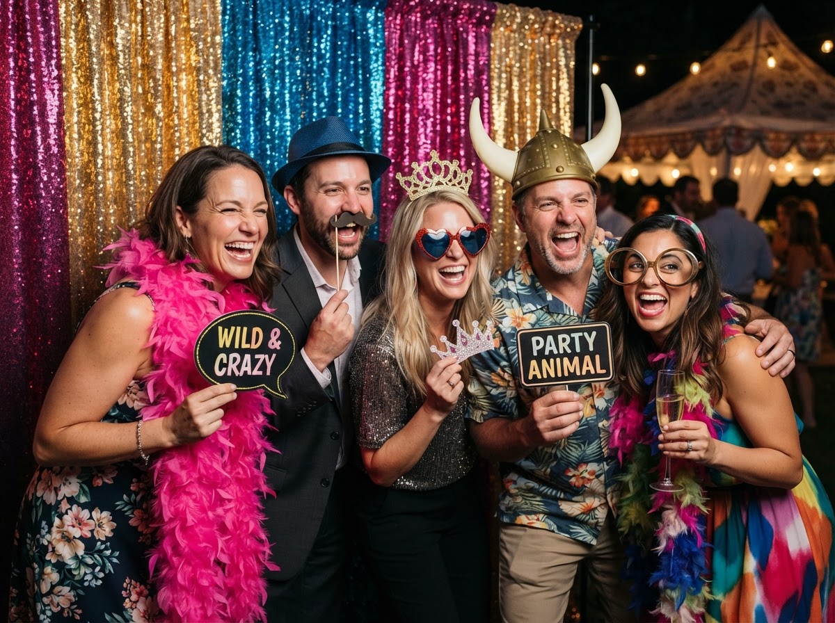 Adult party guests using photo booth props at a Galloway party.