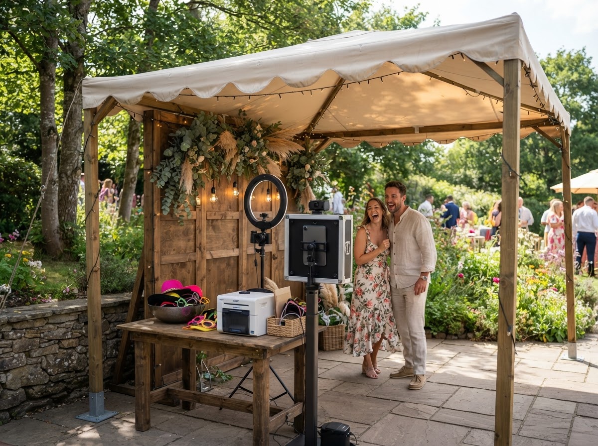 Covered outdoor party photo booth setup in Hammonton.