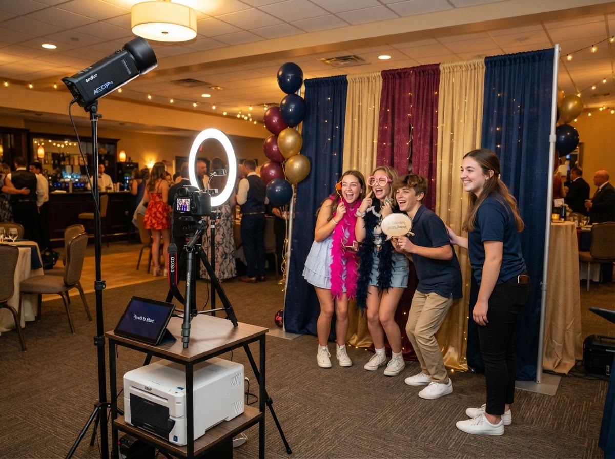 Open-air photo booth setup at a Galloway NJ school celebration in a gym-style room.