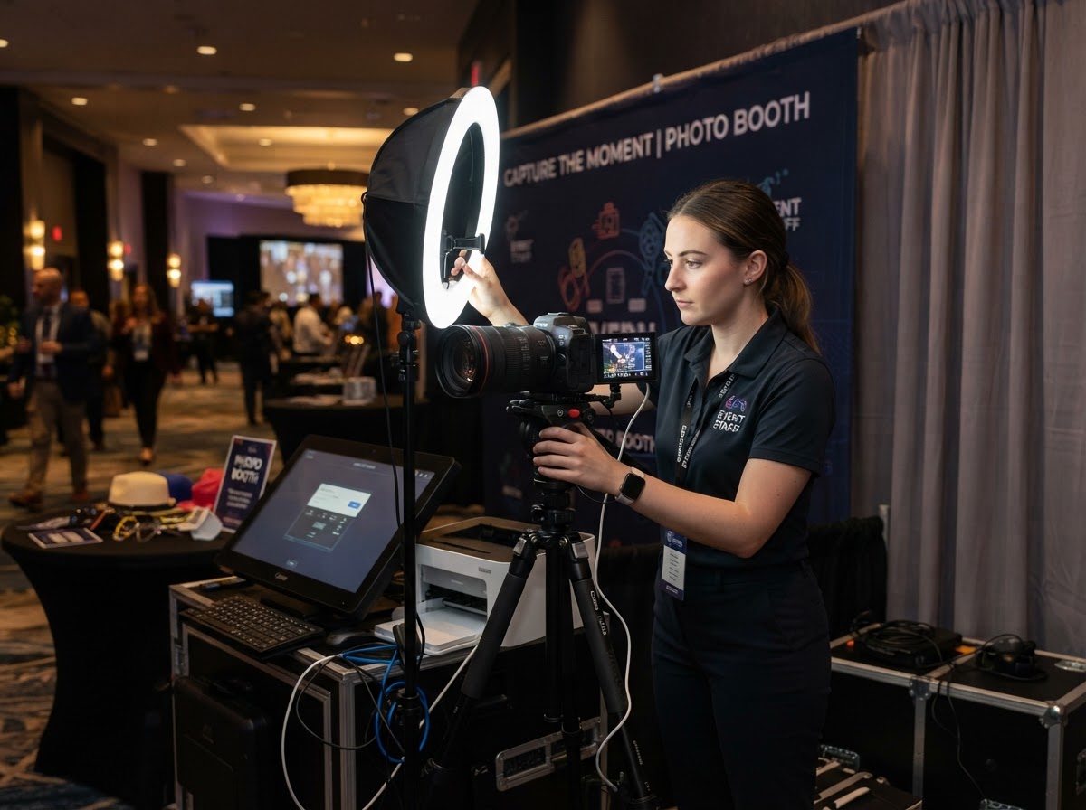 Photo booth attendant preparing camera and lighting.
