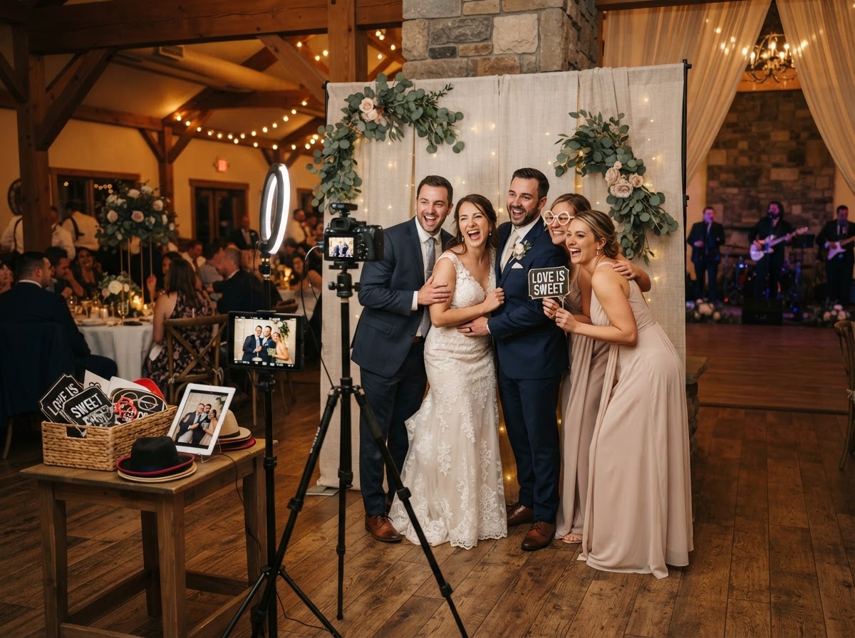 Open-air photo booth setup at a Galloway NJ wedding reception.