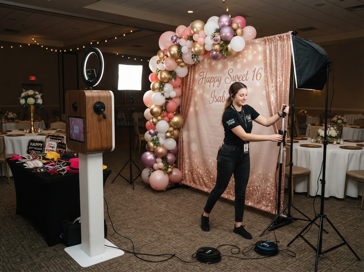 Sweet 16 photo booth backdrop and lighting setup.