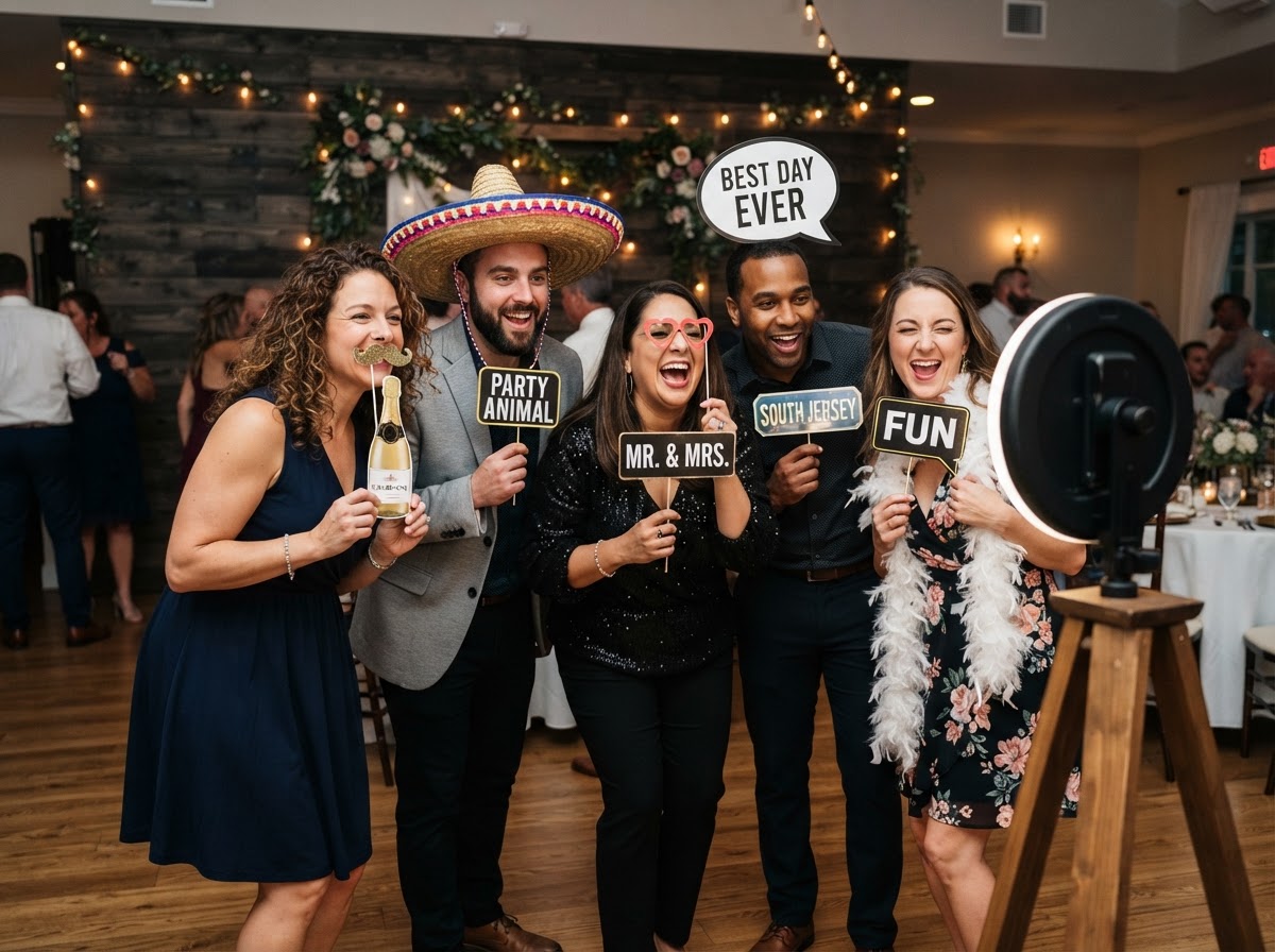 Party guests using photo booth props in Hammonton.