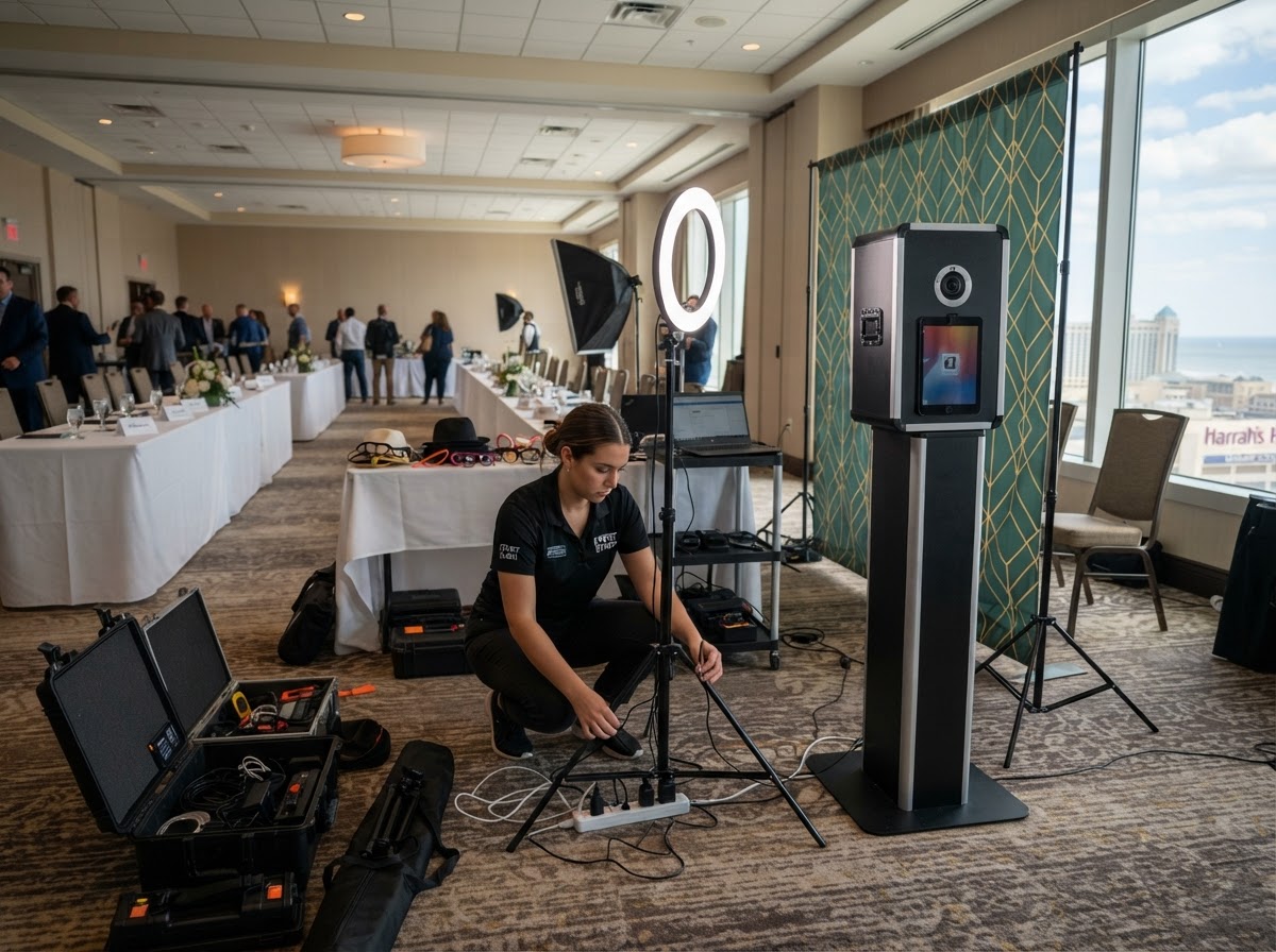 Corporate photo booth equipment setup in an Atlantic City hotel room.