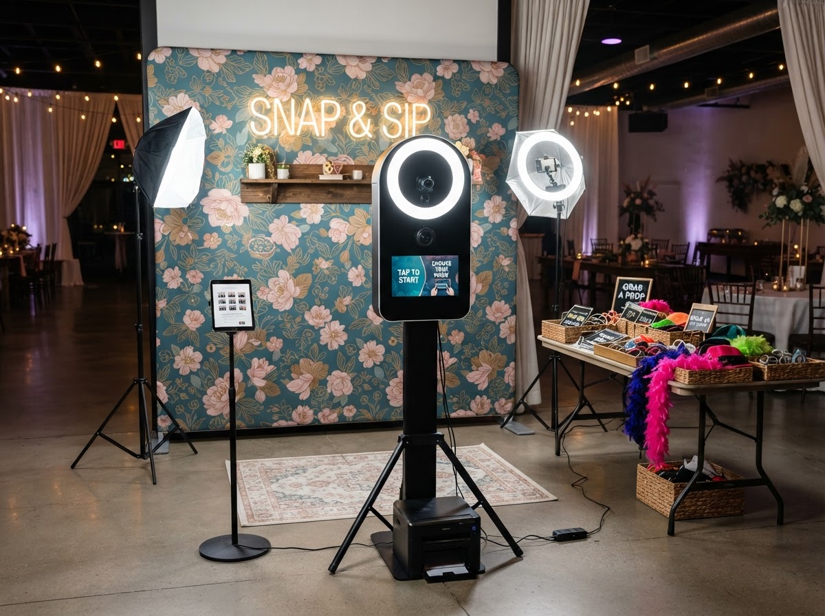 Open-air photo booth equipment and backdrop.