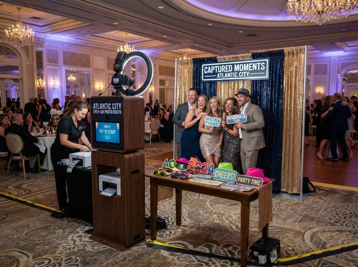 Open-air photo booth rental setup in an Atlantic City NJ ballroom.