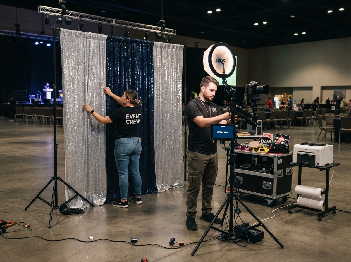 Photo booth equipment being prepared for an event.
