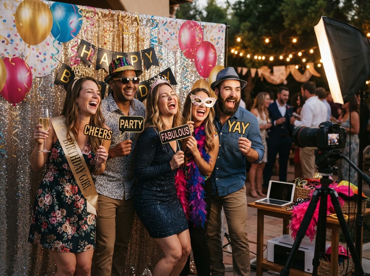 Birthday party guests using photo booth props.