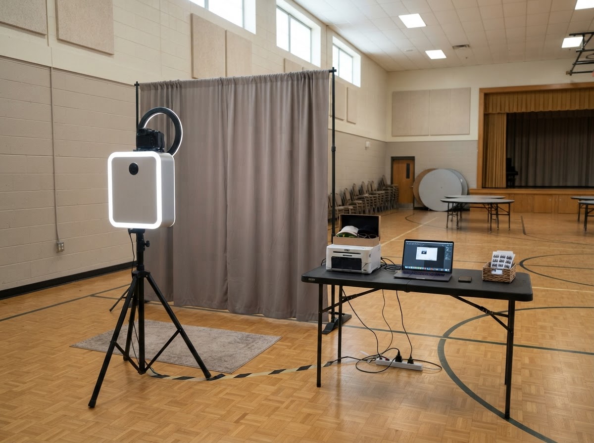 Photo booth equipment setup in a Galloway gym or banquet-style school space.