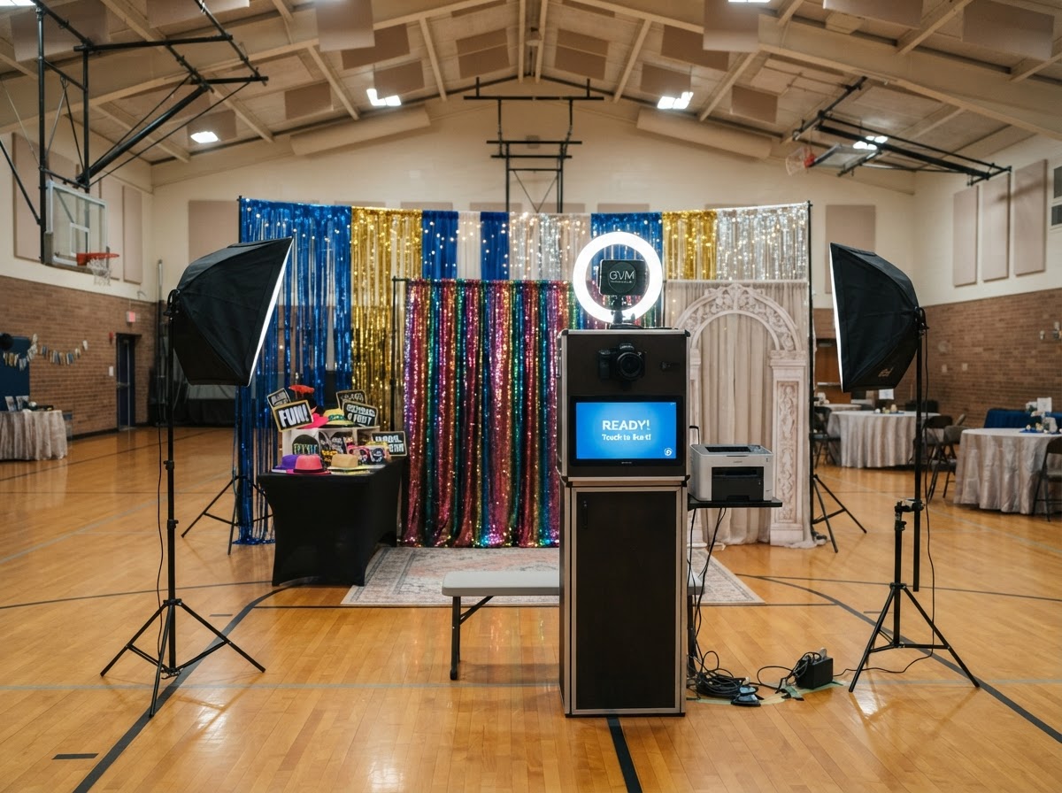 School event photo booth equipment and lighting setup.