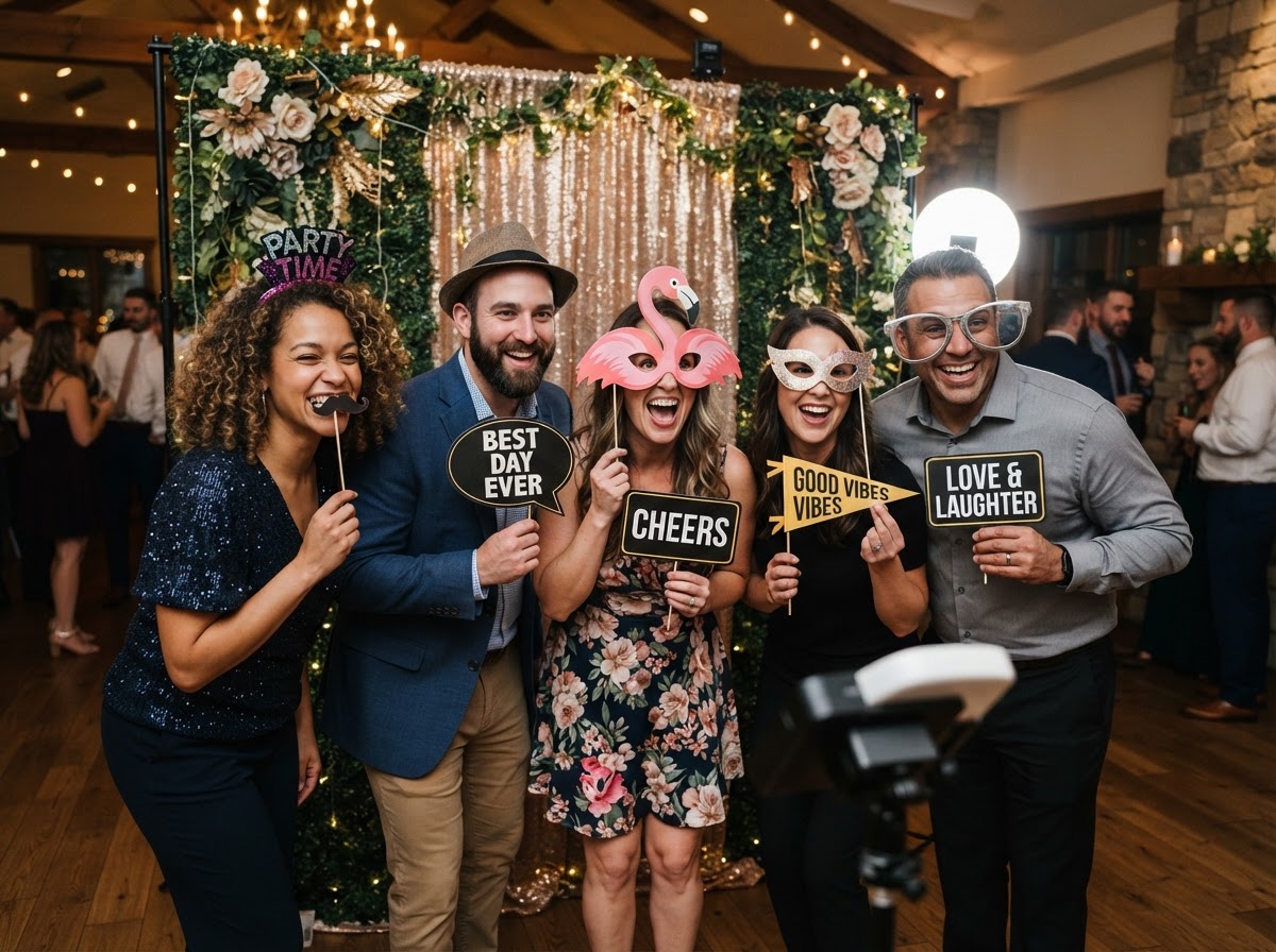 Party guests using photo booth props in Egg Harbor City.
