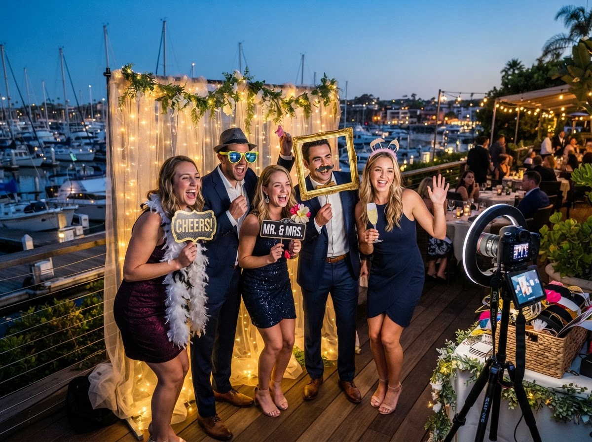 Party guests using photo booth props in Somers Point.