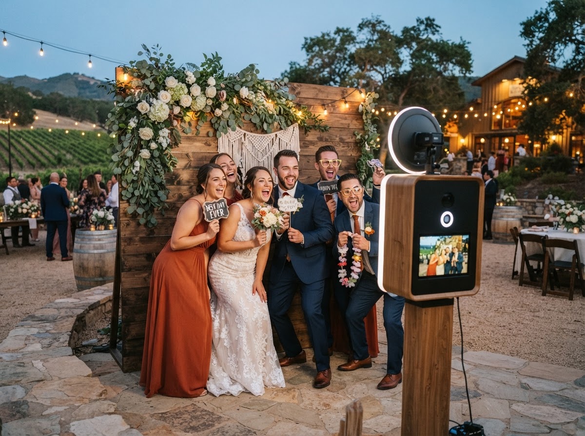 Wedding guests using a photo booth in Hammonton.
