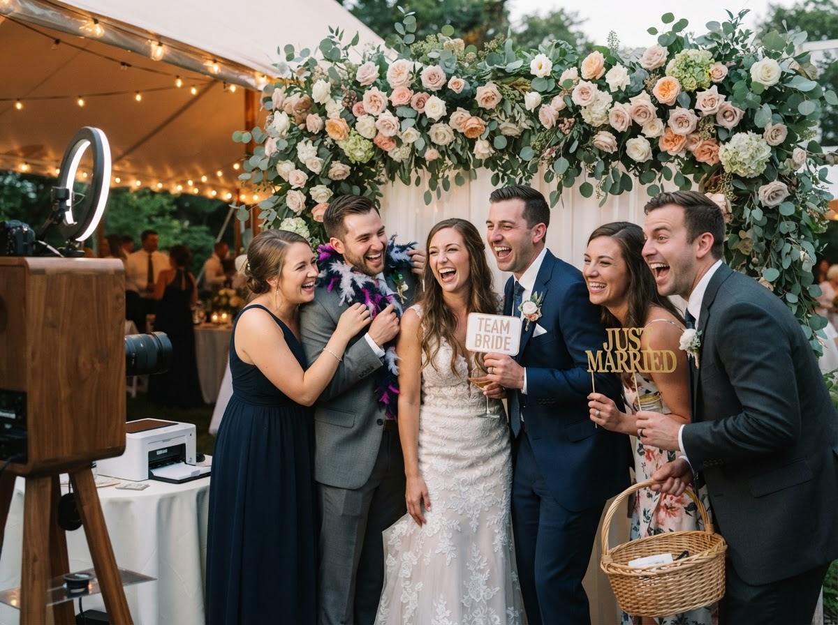 Wedding guests using an open-air photo booth in South Jersey.