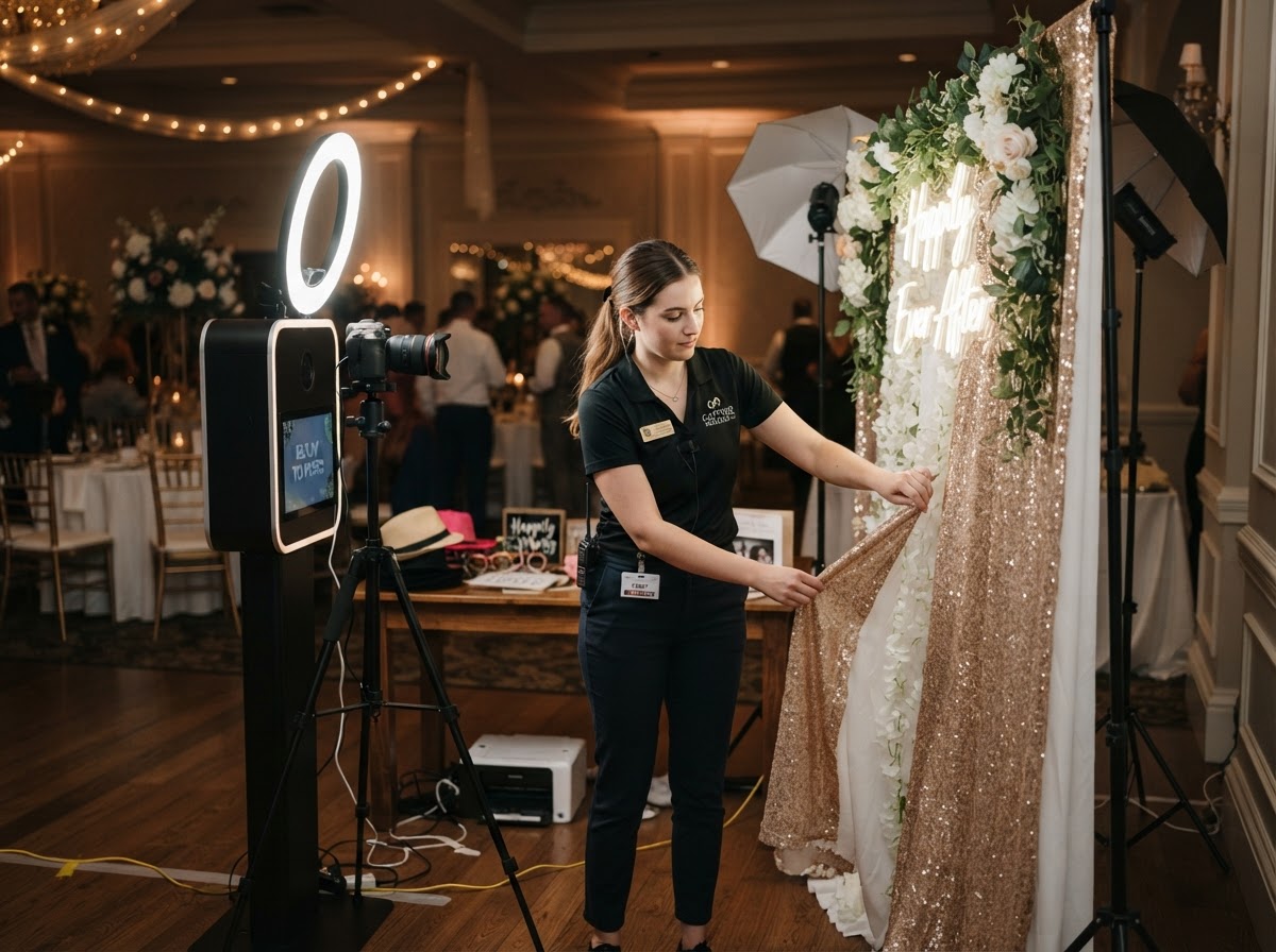 Wedding photo booth setup with professional lighting and backdrop.