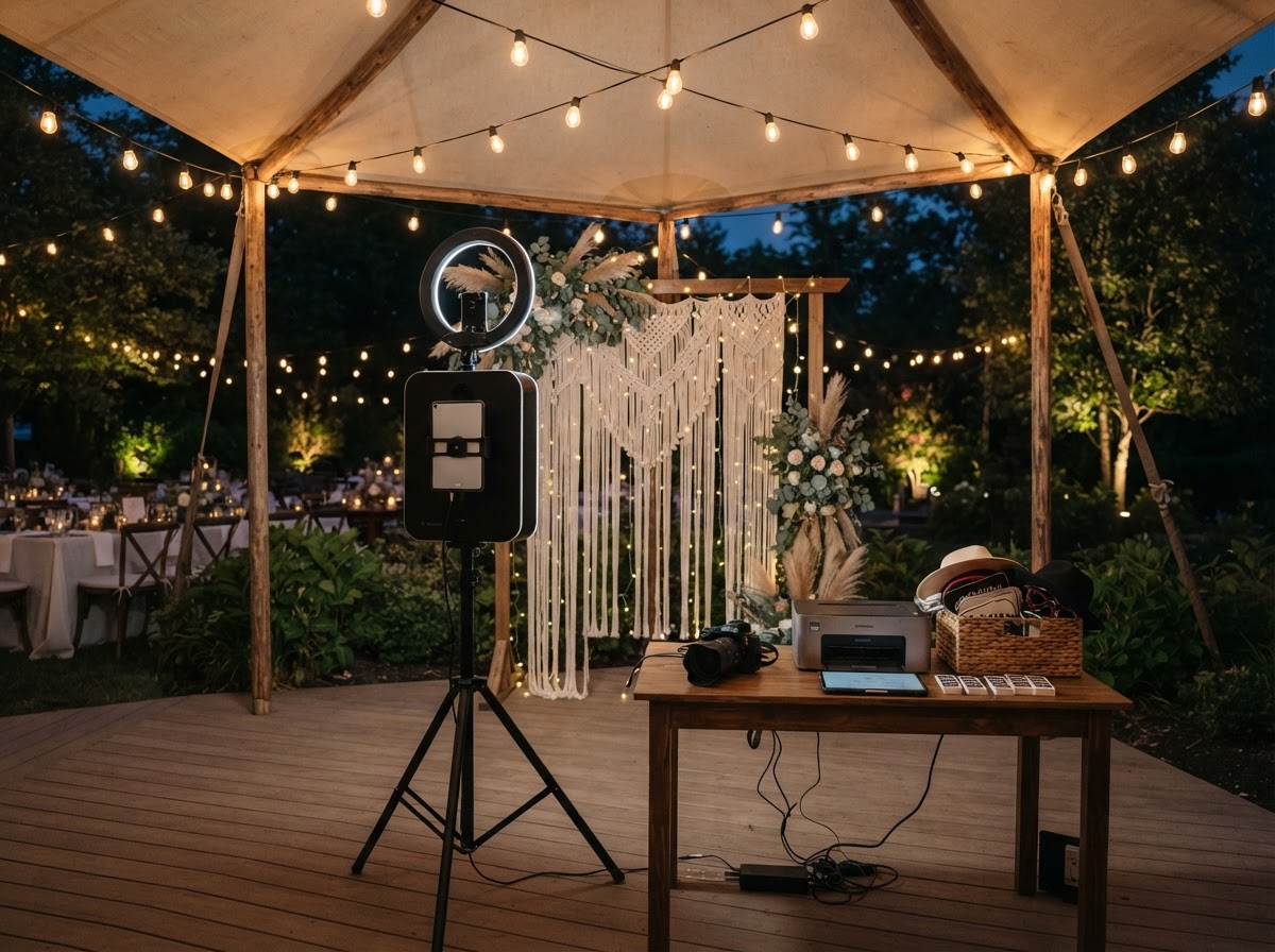 Covered outdoor wedding photo booth setup in Galloway.