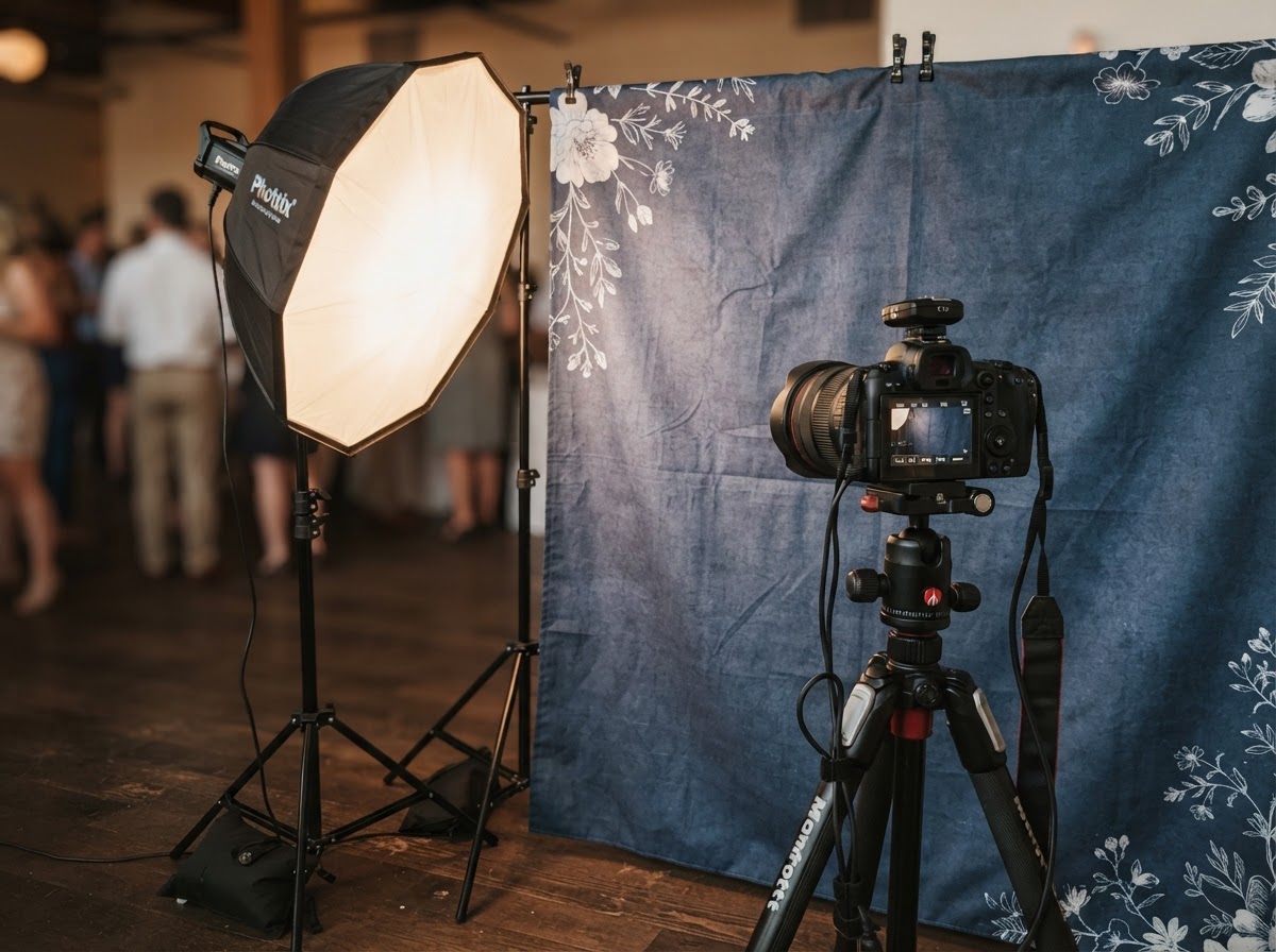 Open-air photo booth backdrop and professional lighting.