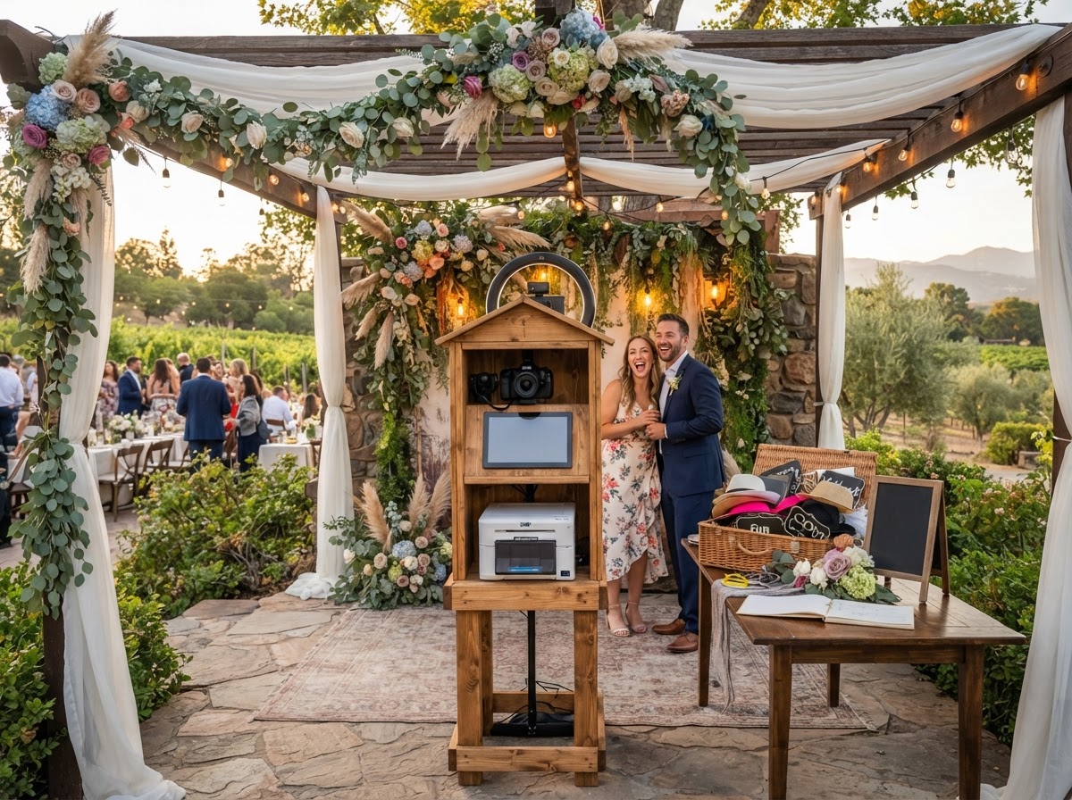 Outdoor wedding photo booth setup in Egg Harbor City NJ.