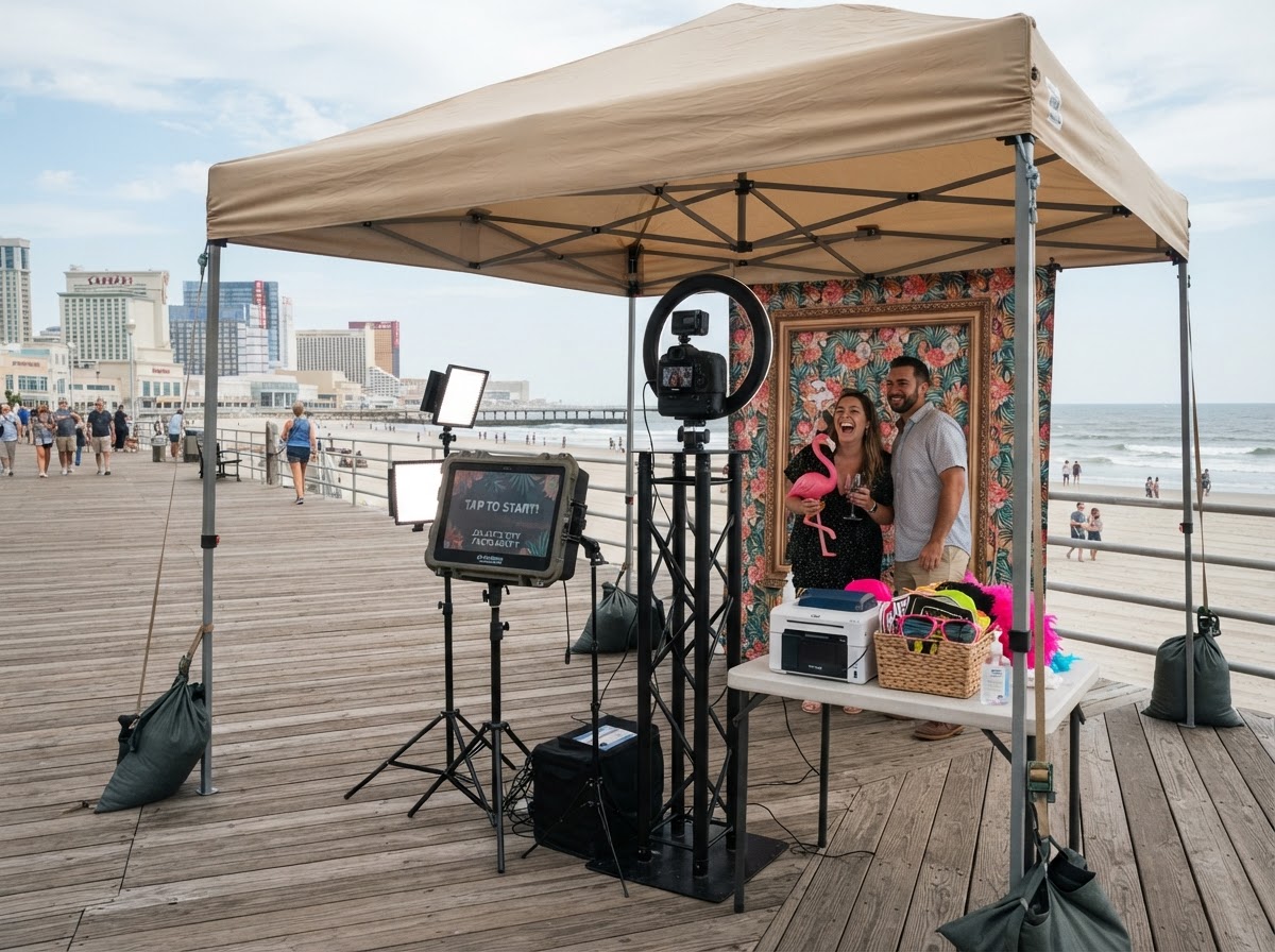 Covered shore-adjacent party photo booth setup in Atlantic City.