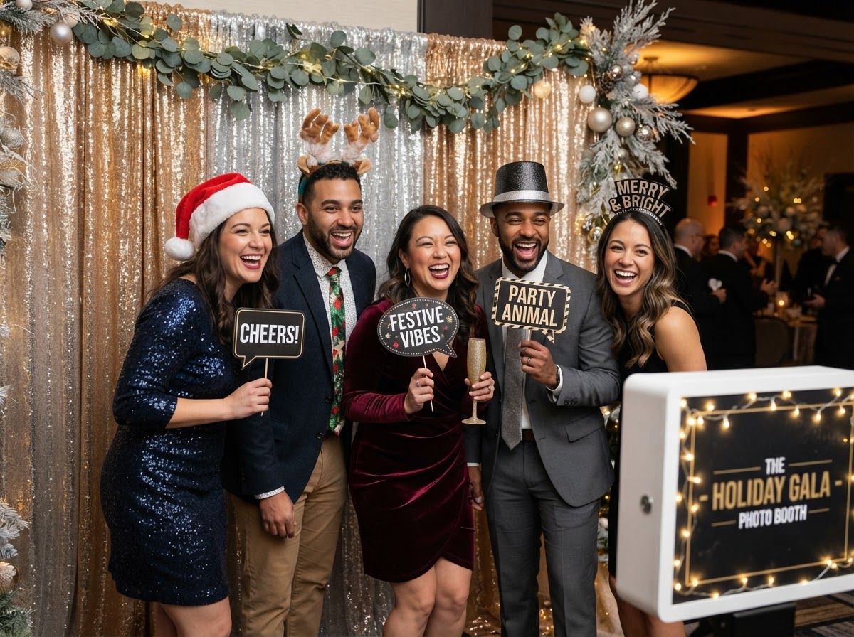 Holiday party guests using an open-air photo booth.