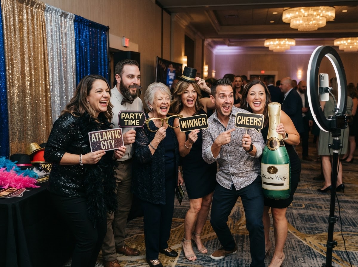 Party guests using photo booth props in Atlantic City.