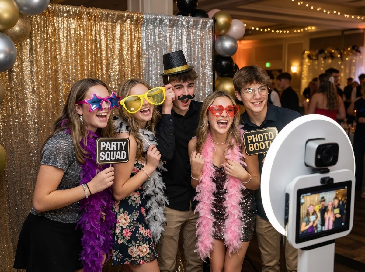 Sweet 16 guests using a photo booth with props.