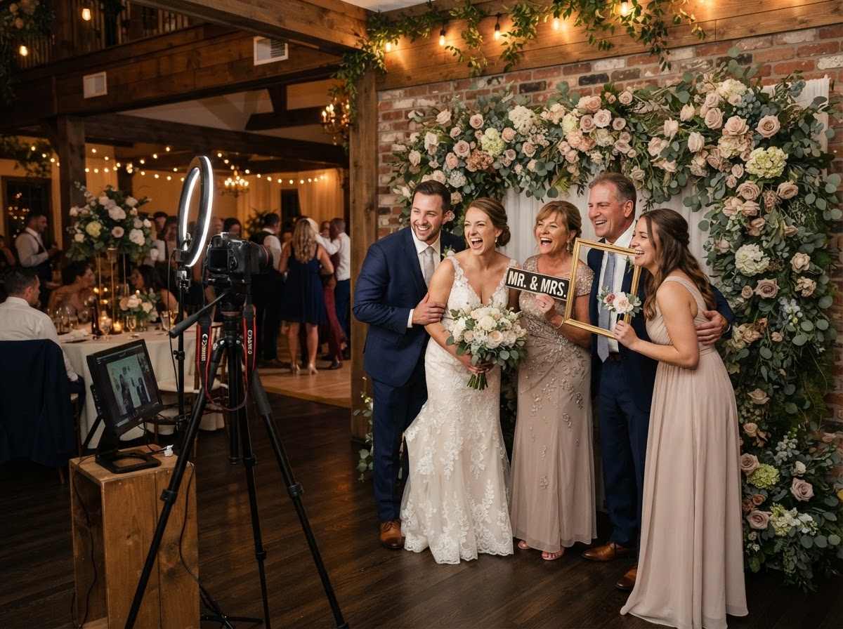 Open-air photo booth setup at a Mays Landing NJ wedding reception.