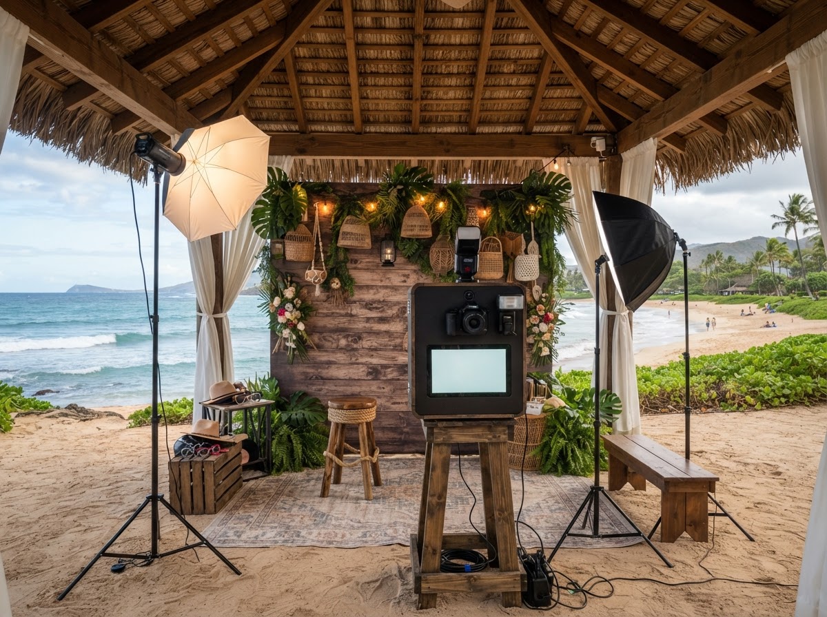 Covered open-air photo booth setup near the Ocean City shore.
