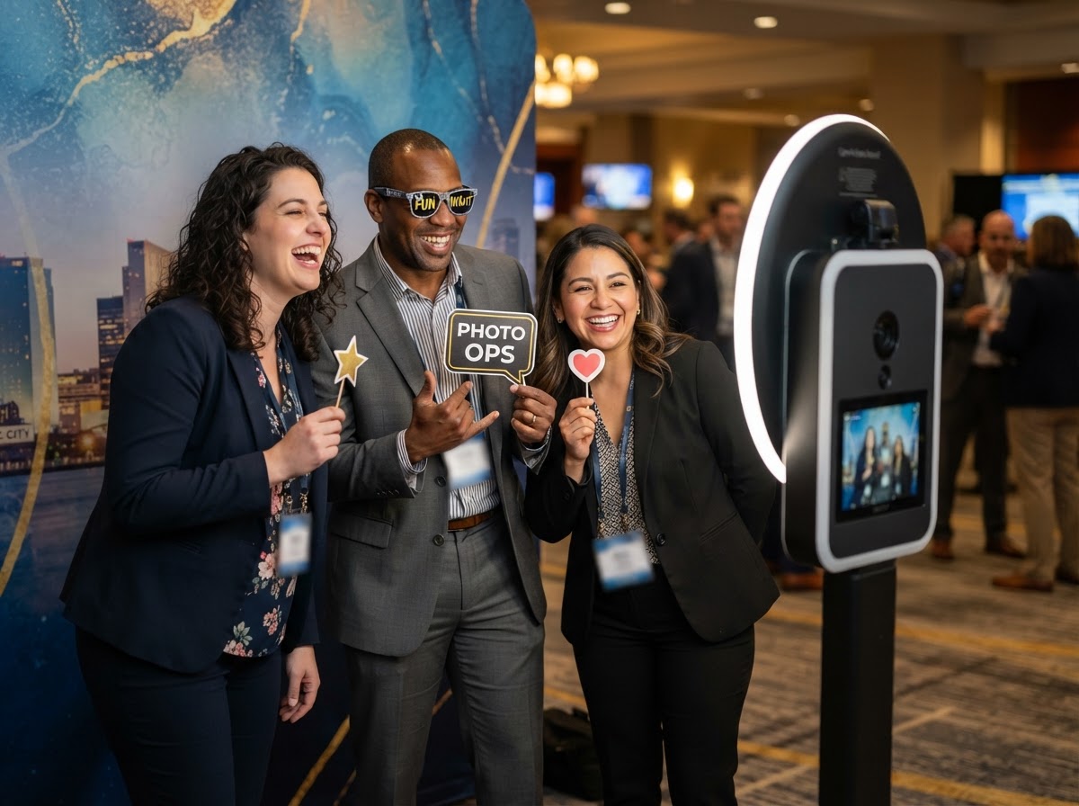 Corporate attendees using an open-air photo booth in Atlantic City.