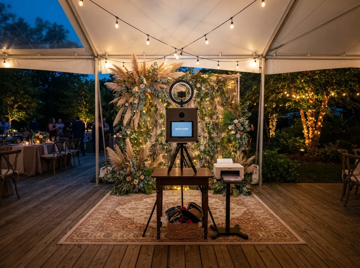 Covered outdoor wedding photo booth setup in Mays Landing.