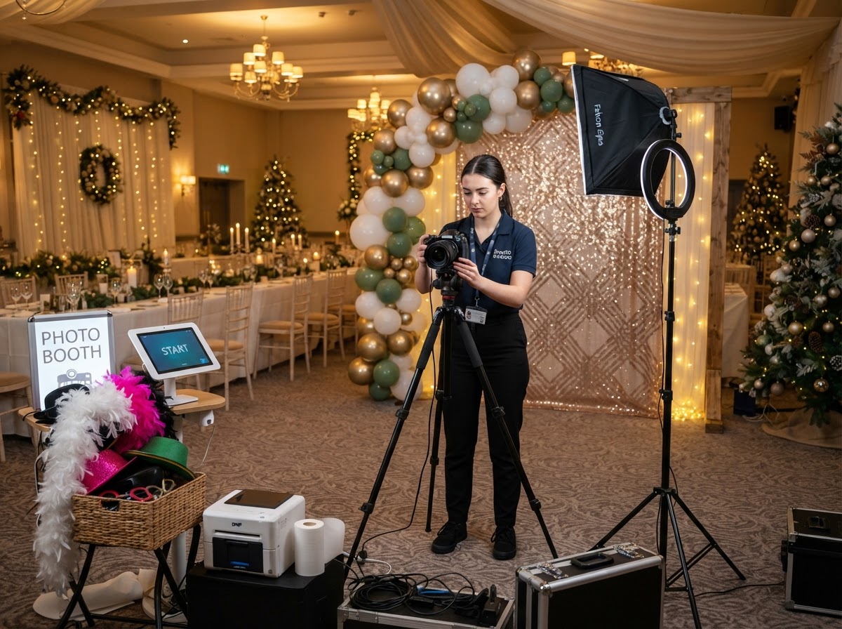 Holiday party photo booth equipment and lighting setup.