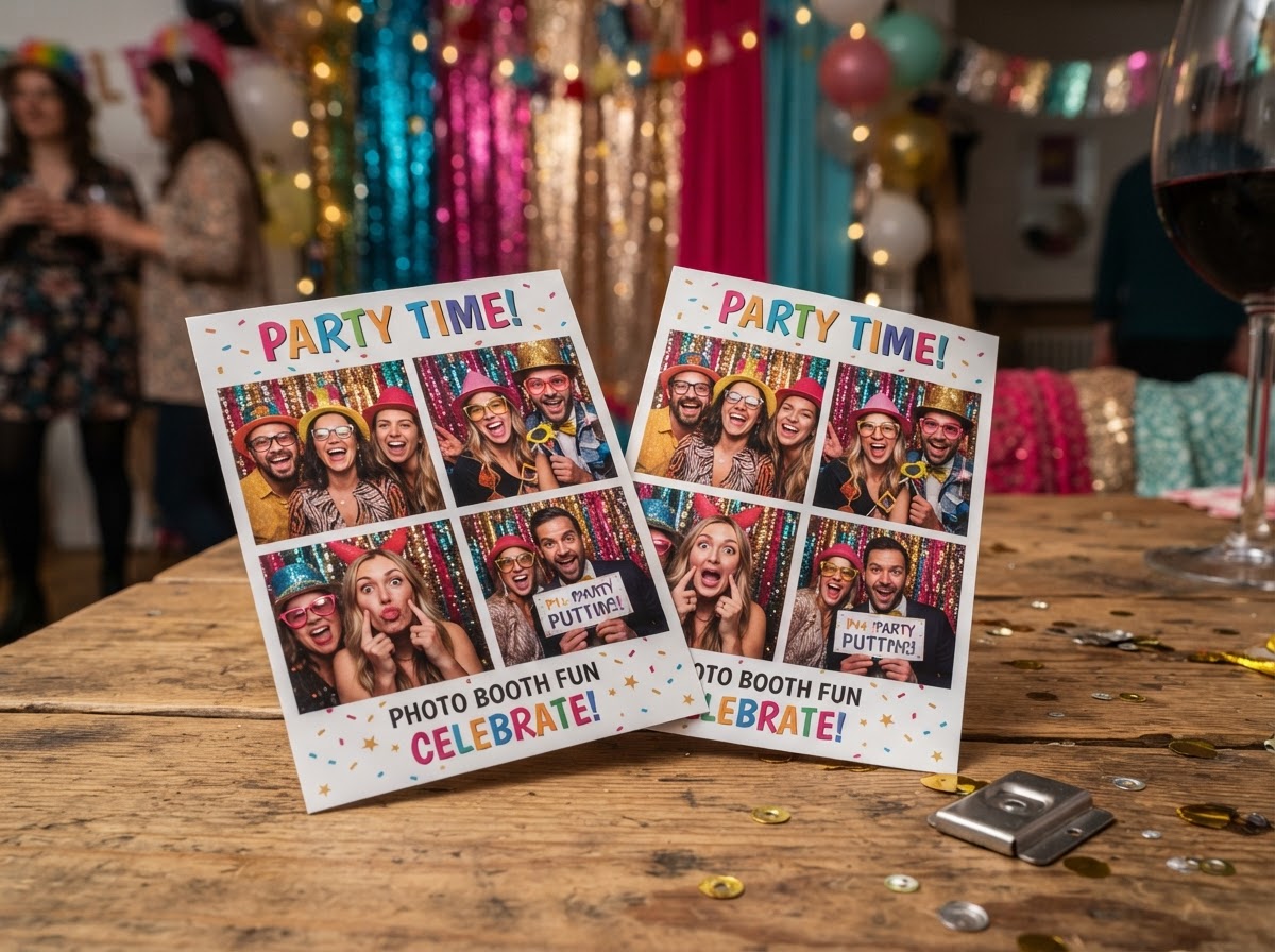 Party photo booth print strips and backdrop detail.