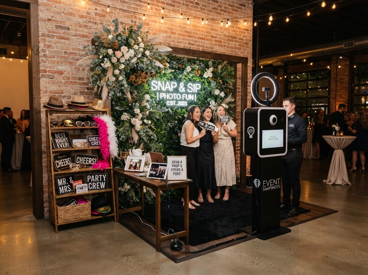 Photo booth backdrop props and event setup details.