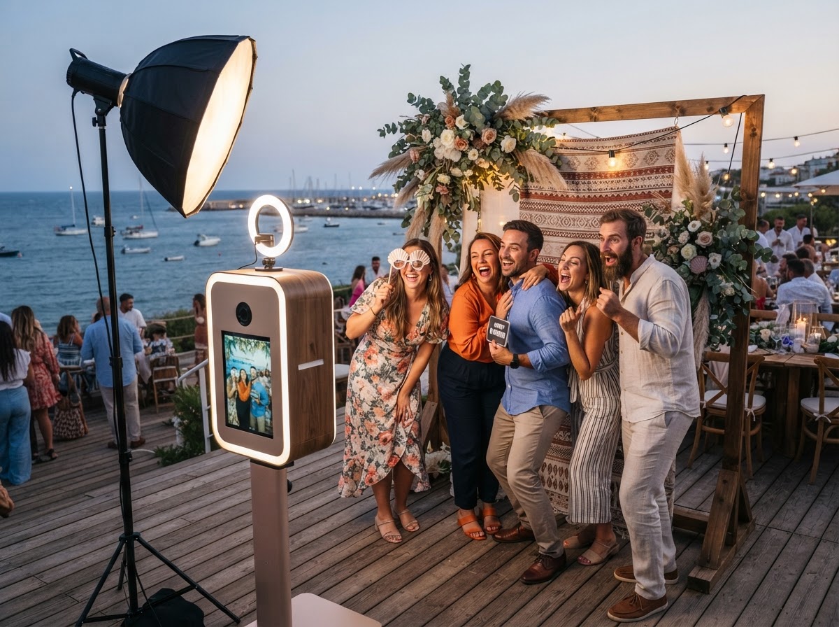 Guests using an open-air photo booth at an Ocean City event.