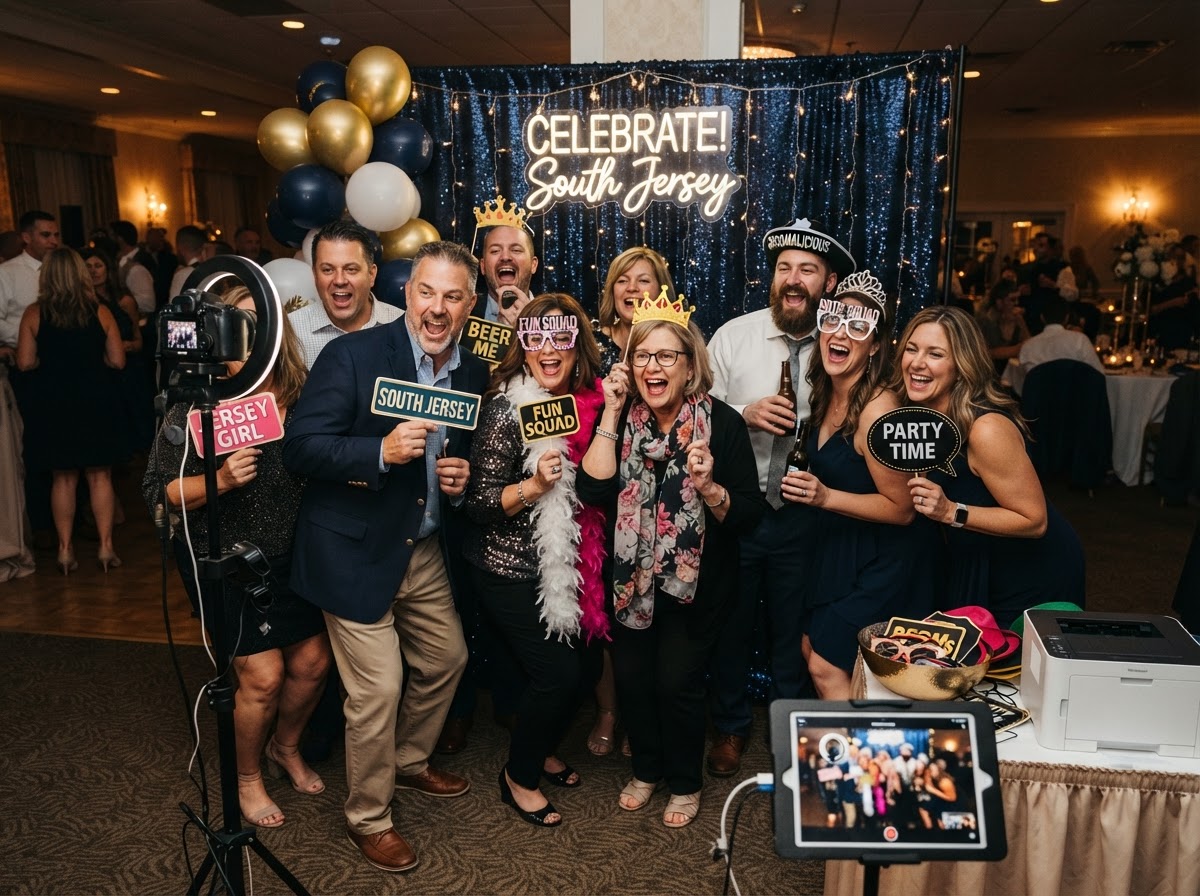 Party guests using a photo booth in Brigantine.