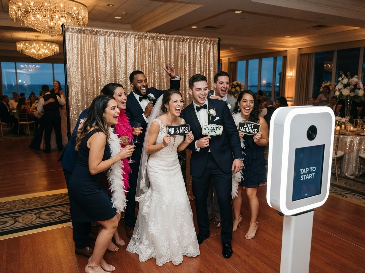 Wedding guests using an open-air photo booth in Atlantic City.