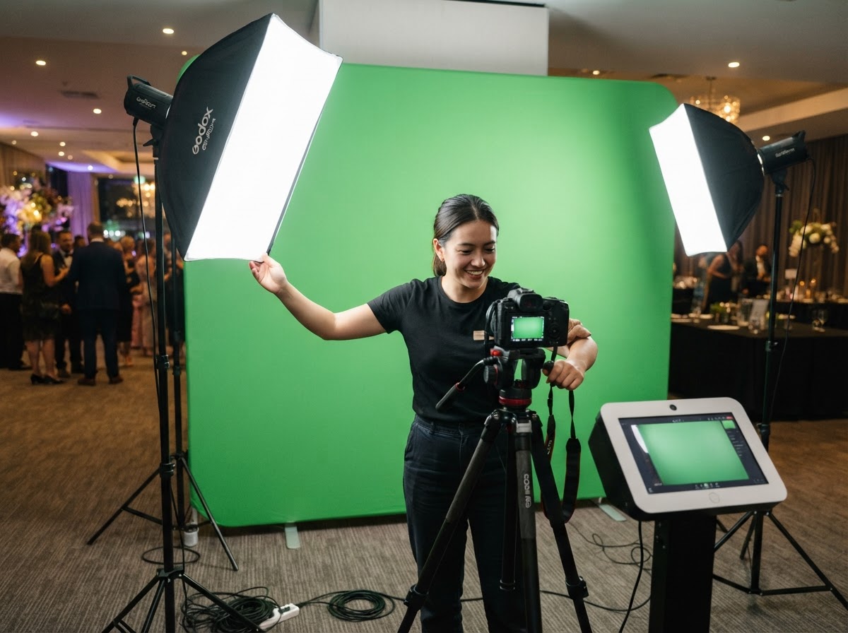 Green screen photo booth lighting and camera setup.