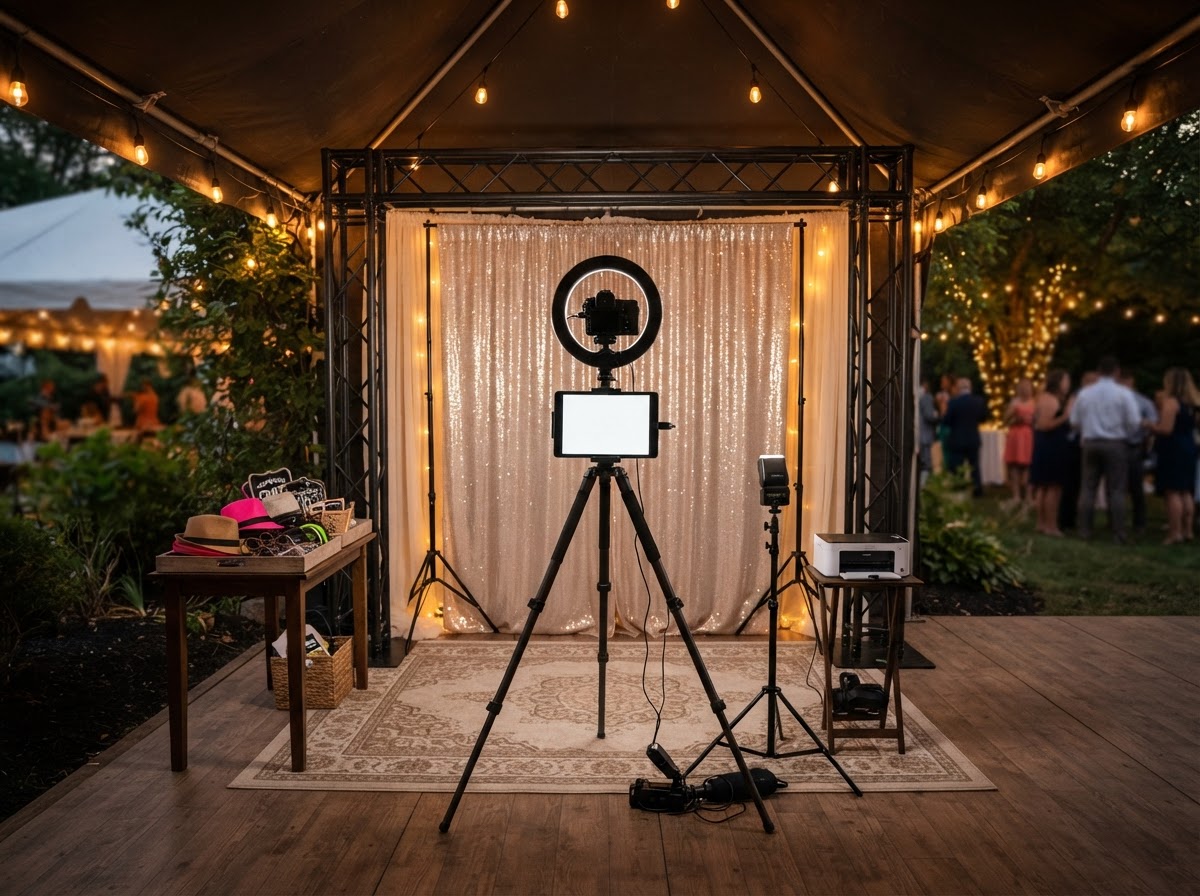 Covered outdoor party photo booth setup in Galloway.