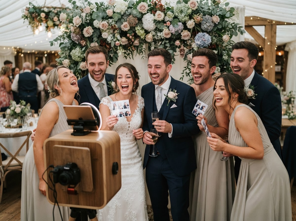 Couple and friends using an open-air photo booth at a Galloway wedding.