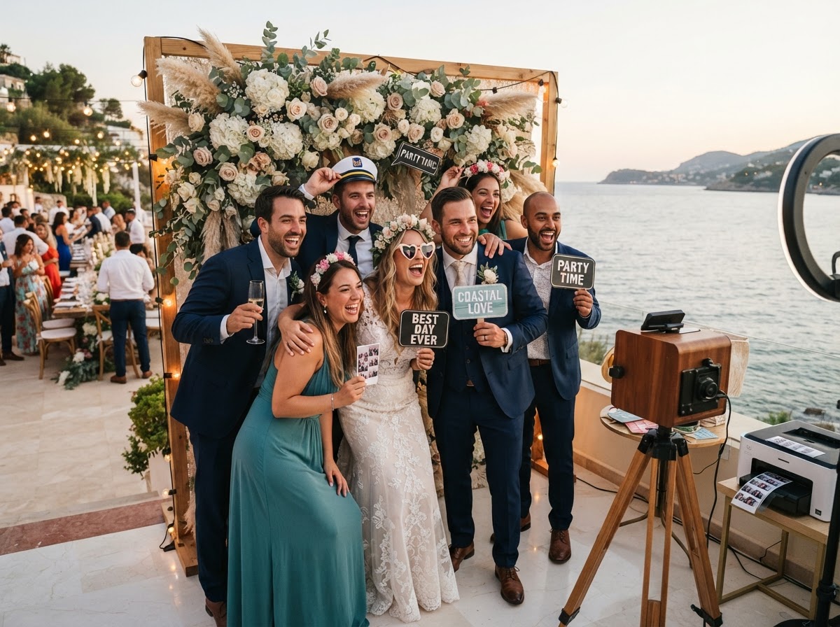 Wedding guests using an open-air photo booth in Ocean City NJ.