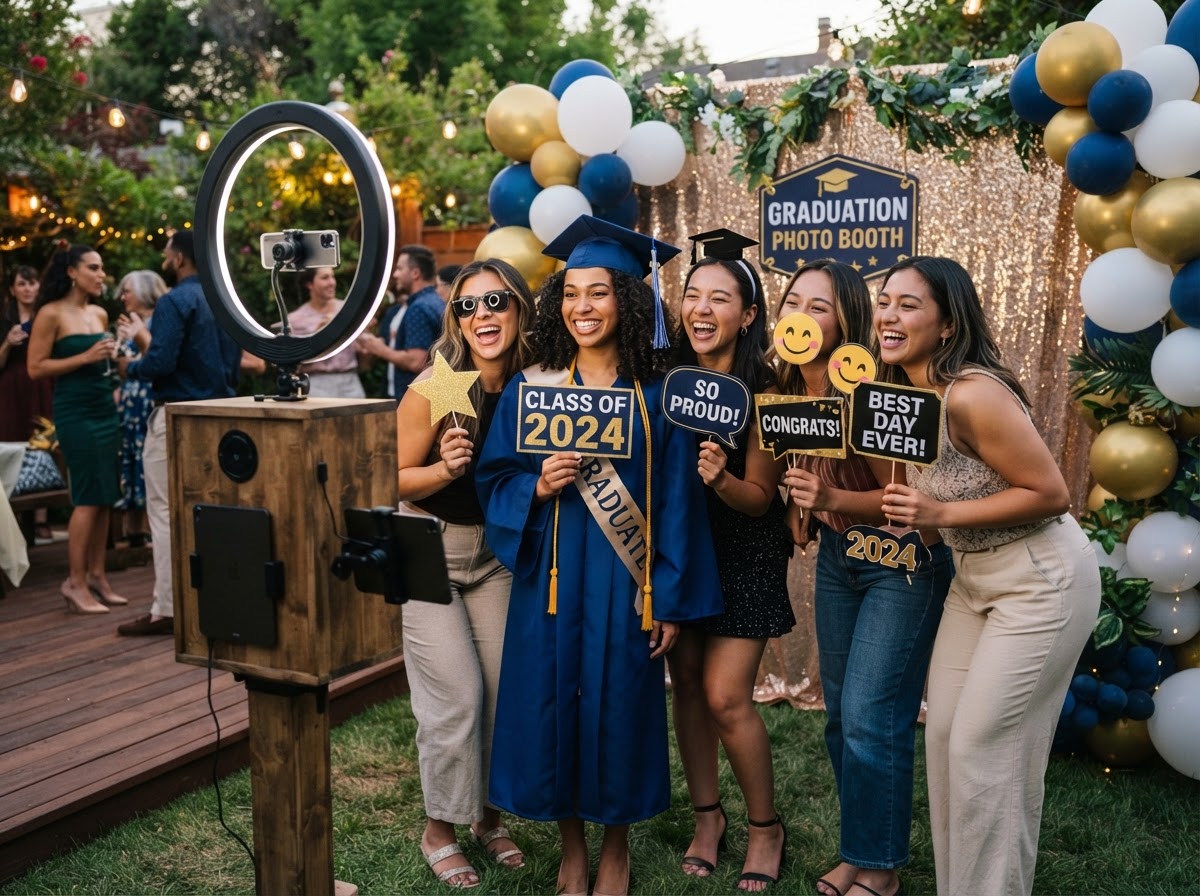 Graduation party guests using a photo booth.