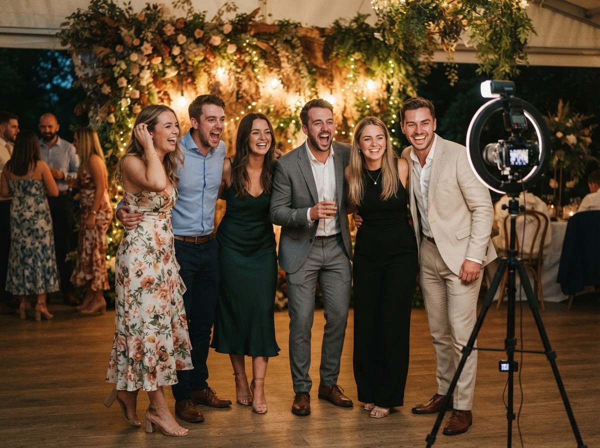 Guests taking group photos in an open-air photo booth.