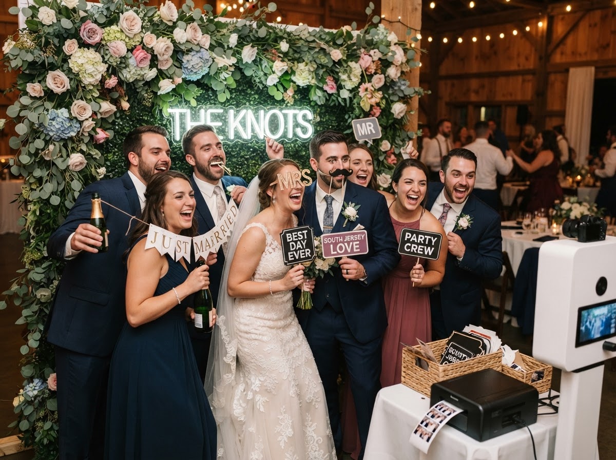 Wedding guests using a photo booth in South Jersey.