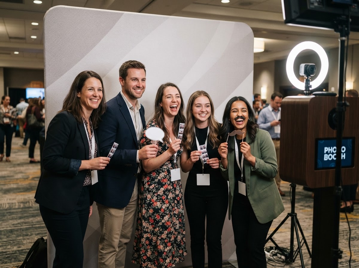 Conference attendees using an open-air photo booth at a Galloway corporate event.