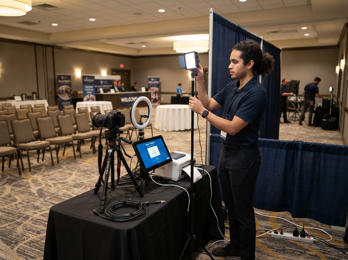 Corporate photo booth equipment and lighting setup.