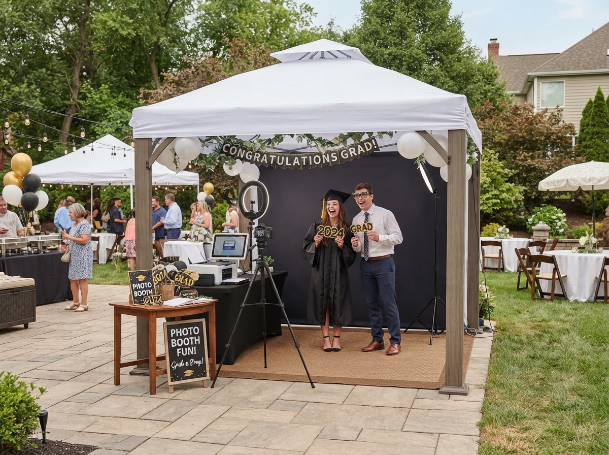 Outdoor graduation photo booth setup in South Jersey.